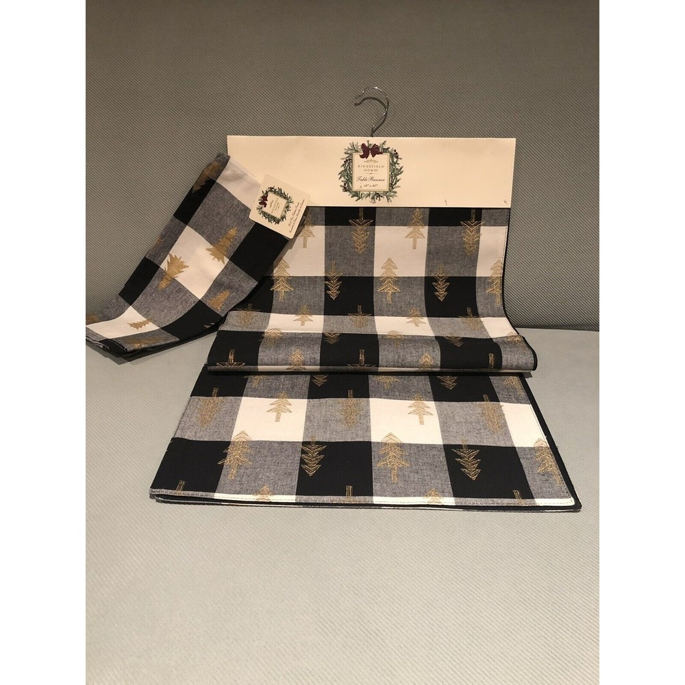 Ridgefield Home Table Runner and 2 Towels Christmas Holiday Black White Plaid